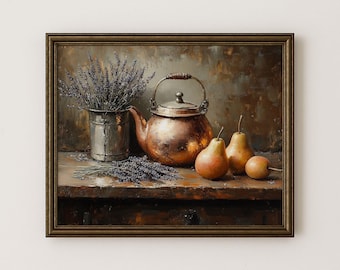 Vintage Copper Kettle and Pears Still Life, Rustic Kitchen Art (Digital Download)