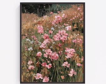 Wildflower Meadow Painting, Pink Cosmos Floral Printable Wall Art (Digital Download) 176