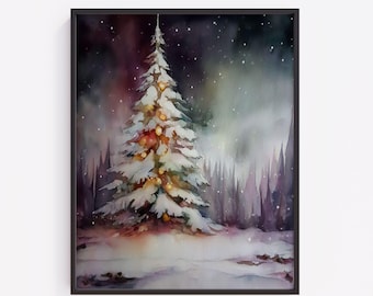 Festive Christmas Tree Lights, Moody Winter Night Printable Wall Art (Digital Download)