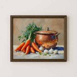 May include: A still life painting featuring a copper pot with a lid, a bunch of carrots, parsley, and garlic bulbs. The carrots are bright orange, and the pot has a shiny, reflective surface. The painting is set against a neutral background.
