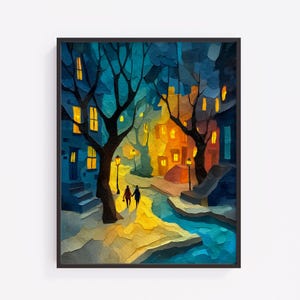 May include: A framed art print depicting a nighttime street scene. The artwork features buildings in shades of blue and orange, with illuminated windows. Two figures walk hand-in-hand on a cobblestone path, under silhouetted trees and streetlights.