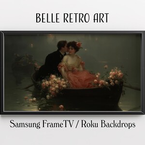 Puede incluir: Impresión artística enmarcada que representa a una pareja en un bote, rodeada de flores. La mujer lleva un vestido rosa y el hombre un traje negro. El texto "BELLE RETRO ART" está en la parte superior y "Samsung FrameTV / Roku Backdrops" en la inferior.