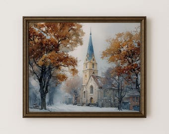 Vintage Winter Church Print, Snowy Village Landscape Printable Wall Art (Digital Download) 136