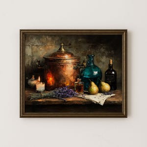 May include: A still life painting featuring a copper pot, blue glass bottles, and a lit candle. The composition includes pears, lavender, and a small perfume bottle, all arranged on a wooden surface. The artwork is framed.