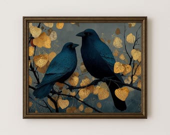 Moody Raven Illustration, Dark Elegant Bird Art with Gold Details (Digital Download)