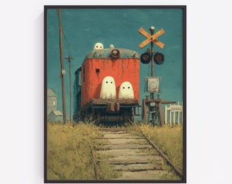 Ghost Train Art, Vintage Autumn Railway Painting, Digital Download