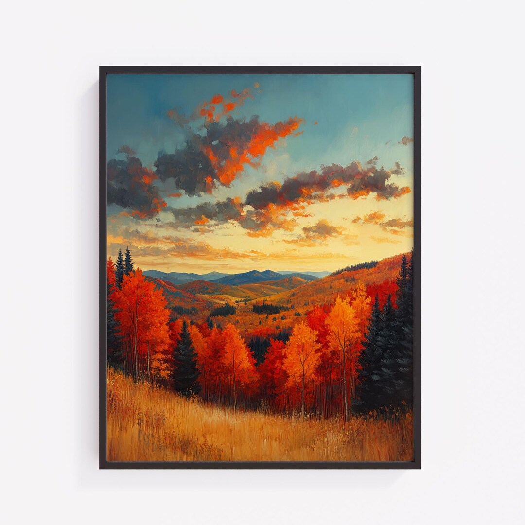 Autumn Landscape Art Print: Dramatic Fall Sky, Rolling Hills (digital ...