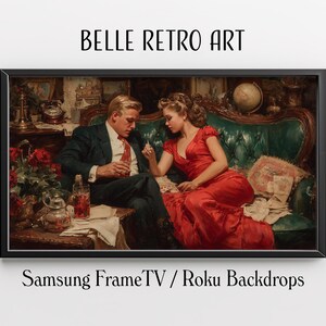 以下が含まれることがあります： クラシックなシーンの男性と女性を描いた、額入りのヴィンテージアートプリント。男性はスーツとネクタイを着用し、女性は赤いドレスを着ています。アートワークには「BELLE RETRO ART」と「Samsung FrameTV / Roku Backdrops」と書かれています。
