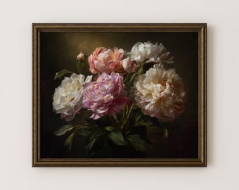 Romantic Floral Peonies Painting, Vintage Still Life Wall Decor (Digital Download) H55