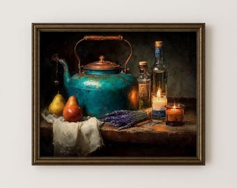 Rustic Teal Kettle Still Life Painting, Vintage Farmhouse Kitchen Art (Digital Download)