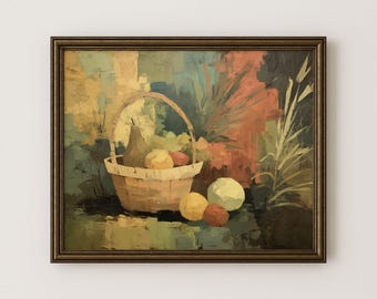 Op de afbeelding: Een ingelijst stilleven schilderij met een gevlochten mand vol fruit. Het schilderij heeft een warm kleurenpalet met sinaasappels, geel en groen. De achtergrond heeft penseelstreken van verschillende kleuren.
