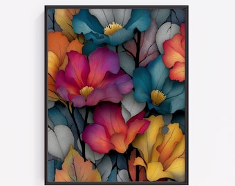 Bold Floral Wall Art, Vibrant Botanical Print, Moody Dark Background (Digital Download) 70