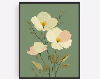 Minimalist Poppy Flowers, Cream Blush Botanical Printable Wall Art (Digital Download)