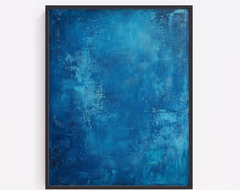 Puede incluir: Pintura abstracta azul en un marco negro. La obra de arte presenta una superficie texturizada con diferentes tonos de azul, creando una sensación de profundidad y movimiento. La composición de la pintura es de forma rectangular, adecuada para la decoración de paredes.