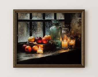 Moody Autumn Windowsill Still Life, Rustic Apple Painting Printable Wall Art (Digital Download) 246