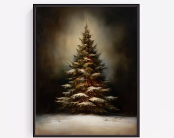 Peut inclure: Peinture encadrée d'un sapin de Noël enneigé. L'arbre est illuminé de petites lumières, et l'arrière-plan est un dégradé sombre et flou. L'œuvre est posée sur un fond blanc.