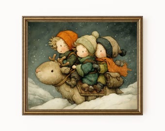Winter Children Reindeer Ride, Vintage Storybook Christmas Printable Wall Art (Digital Download)
