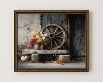 Rustic Wagon Wheel with Autumn Flowers Painting, Farmhouse Wall Art (Digital Download)
