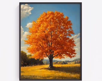 Autumn Maple Tree Landscape Print, Cozy Farmhouse Fall Wall Art (Digital Download)