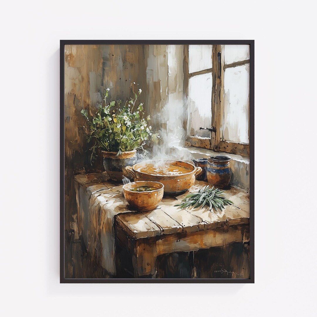 rustic cozy kitchen art prints under $7 shipped |... Cozy Rustic Kitchen Scene With Vintage Ceramic Bowls and Herb Decor ...