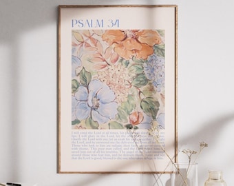 May include: A framed print with a floral design and the text "PSALM 34" in blue lettering. The flowers are painted in shades of blue, pink, and yellow. The background is white.