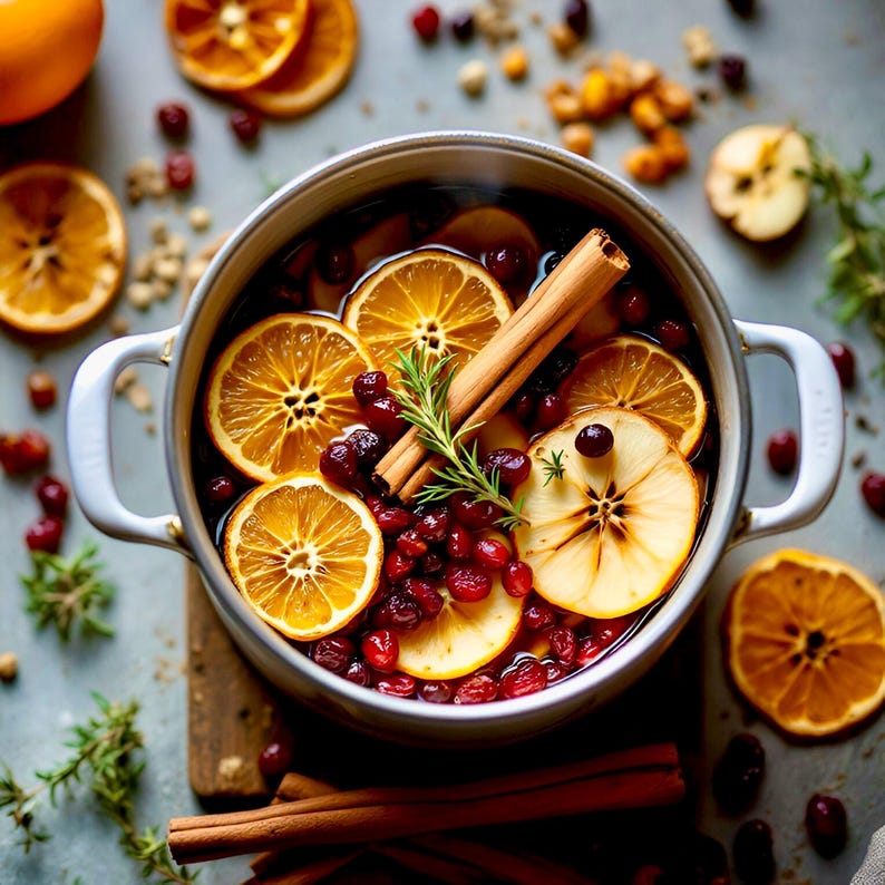 May include: A white pot filled with a simmering mixture of orange slices, cranberries, cinnamon sticks, and apple slices. The pot is on a wooden surface with additional cinnamon sticks and orange slices.
