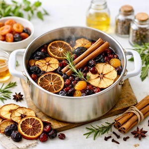 May include: A stainless steel pot with white handles containing a simmering mixture of dried orange slices, dark berries, golden fruits, and two cinnamon sticks topped with a fresh green rosemary sprig, emitting a light steam from the liquid.