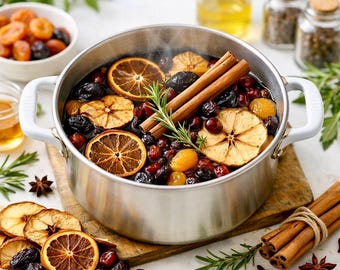 May include: A stainless steel pot with white handles containing a simmering mixture of dried orange slices, dark berries, golden fruits, and two cinnamon sticks topped with a fresh green rosemary sprig, emitting a light steam from the liquid.