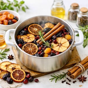 May include: A stainless steel pot with white handles containing a simmering mixture of dried orange slices, cinnamon sticks, fresh rosemary, cranberries, and dark dried fruits. The pot is surrounded by loose ingredients including star anise and cloves.