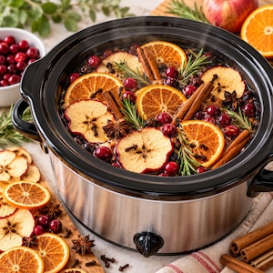 May include: A stainless steel slow cooker filled with a simmering mixture of sliced oranges, dried apple rounds, fresh cranberries, whole cloves, star anise, and sprigs of rosemary. The appliance features a black lid and a black control knob.