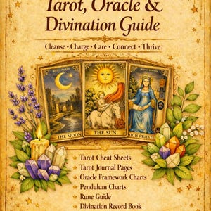 May include: A beige guide titled PF Botanicals Tarot, Oracle & Divination Guide featuring illustrations of three tarot cards, lavender, crystals, a candle, and a sun and moon motif. The text lists contents including cheat sheets and journal pages.