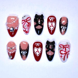 Lana Del Rey Gothic Lolita Press On Nails With Bows, Lace - Pearls | Romantic Red & Black Handcrafted Nail Art | Luxury Nails Gift for her