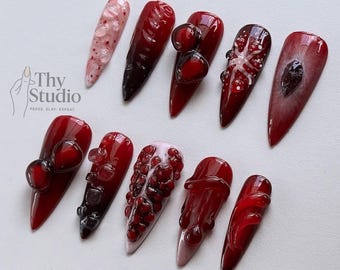 Handmade Pomegranate Sangria Press On Nails: 3D Fruit Stiletto Nail Art