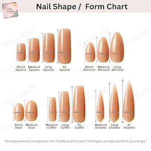 May include: A nail shape and form chart displays various nail shapes, including square, almond, oval, coffin, and stiletto. Each shape is shown in different lengths, with measurements in millimeters. The text reads "Nail Shape / Form Chart."