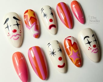 Colorful Clown Press On Nails: Handmade Circus Nail Art Set
