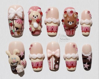 Kawaii Cake Press On Nails: 3D Bear, Bunny, and Strawberry Nail Art