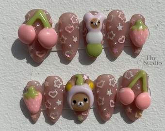 Kawaii 3D Cherry Bear Press On Nails: Pink Coquette Cartoon Nail Art