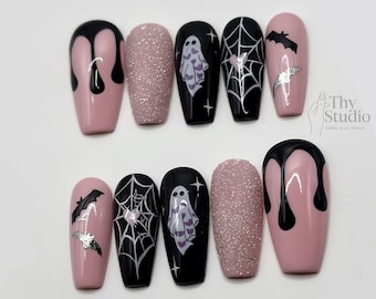 Pink Halloween Press On Nails: Ghost, Spider Web & Glitter Bat Nail Art