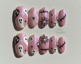 Pink Ghost Press On Nails: Kawaii Halloween Cobweb Nail Art
