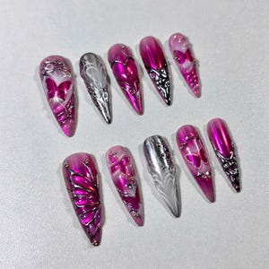 Hot Pink Butterfly Press On Nails With Chrome Flames, Metallic Pink Nails With 3D Butterflies, Shimmer Y2K Nail Art For Girls, Gift for her