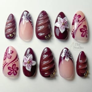 Burgundy Floral Press On Nails, Handmade 3D Flower Nail Art, Glossy Burgundy Fake Nails with Rhinestone Beads, Florals Press on nails