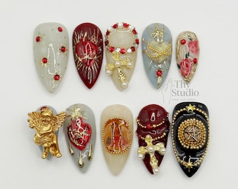 Gothic Stiletto Press On Nails: Virgin Mary, Angel & Rose - Handmade Luxury