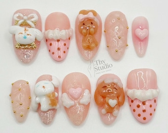3D-nallebjörnspress-on-naglar: Handgjord kawaii-kokett-nagelkonst