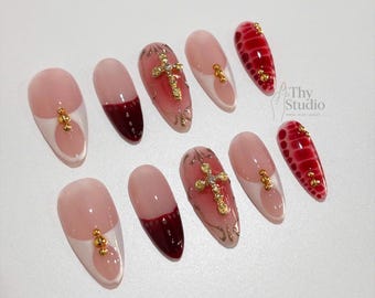 Red Gothic Press On Nails: Gold Cross, Baroque Glam Nail Art