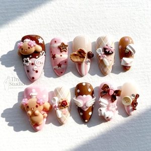 Kawaii Mocha Bakery Press On Nails: 3D Dessert Charms