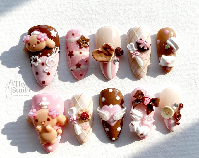 Kawaii Mocha Bakery Press On Nails: 3D Dessert Charms