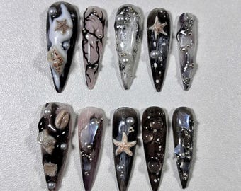 Ocean Seashell Press On Nails: 3D Starfish, Pearl Charms, Mermaidcore Nail Art
