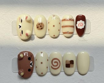 Braunbär 3D Press On Nails, Beige Kaffeeplätzchen-Nagelset