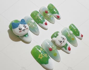 Chiikawa Press On Nails, Neon Green Jelly, 3D Character, Kawaii Handmade