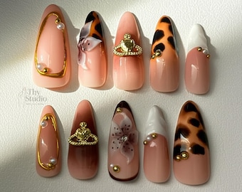 Leopard Print Press On Nails: 3D Flower, Pearl & Rhinestone Nail Art